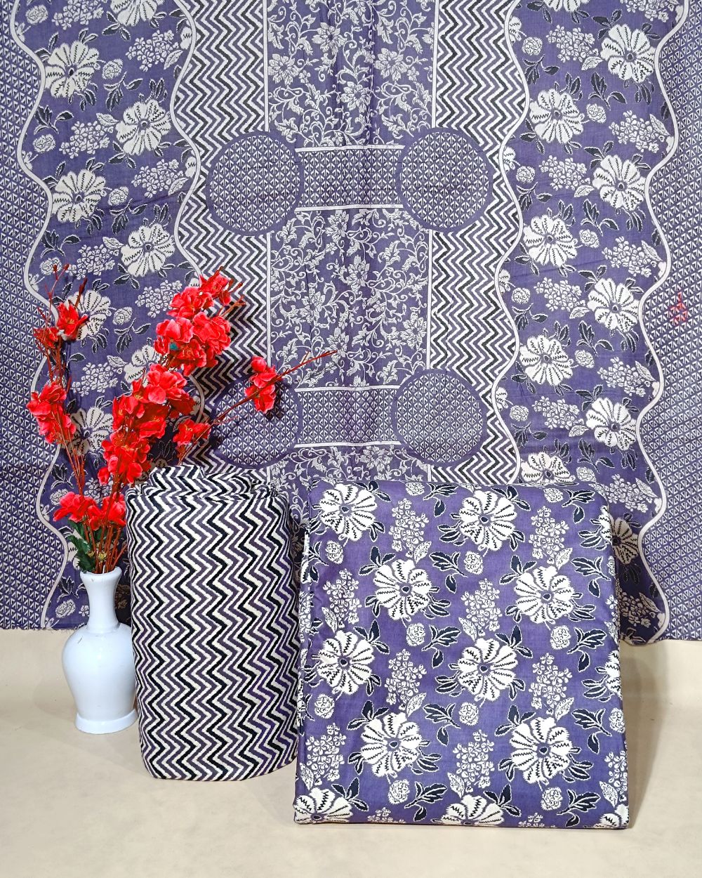 Printed Cotton Unstitched Top-Bottom Set with Dupatta Dark Purple Colour 44 Inches Width