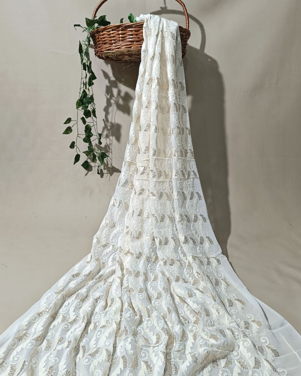 Dyeable Lucknowi Work Viscose Georgette White Colour 44 inches width