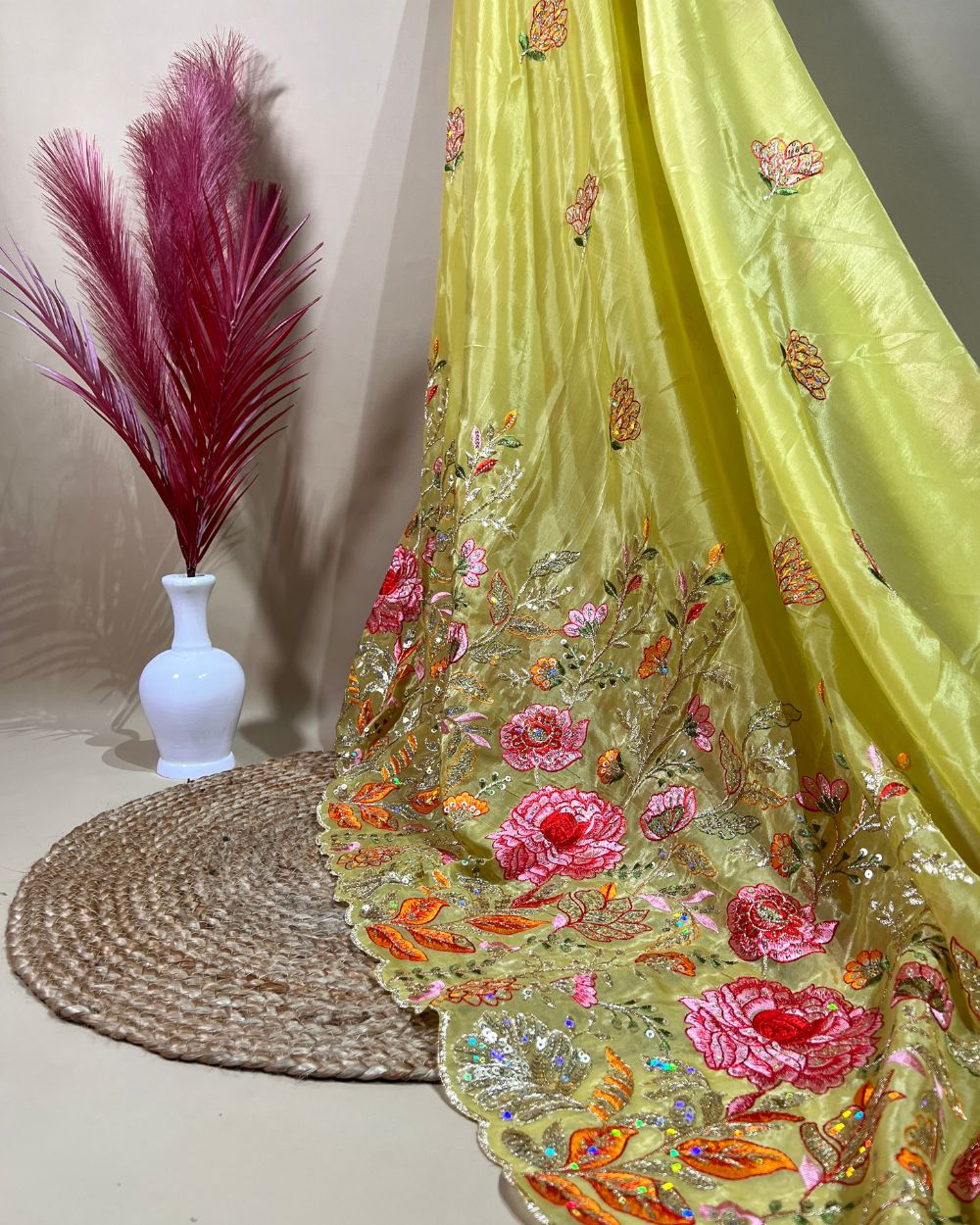 Premium Pure Soft Organza with Border Work Lemon Green Colour 42 Inches Width