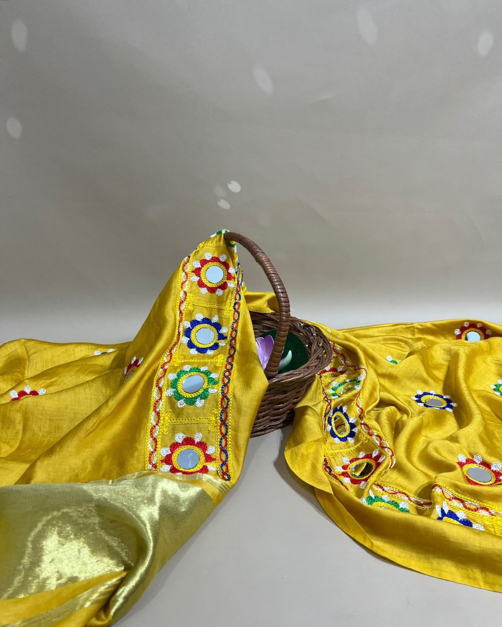 Abla Work Lagdi Patta Dupatta Art Silk Golden Colour 42 Inches Width