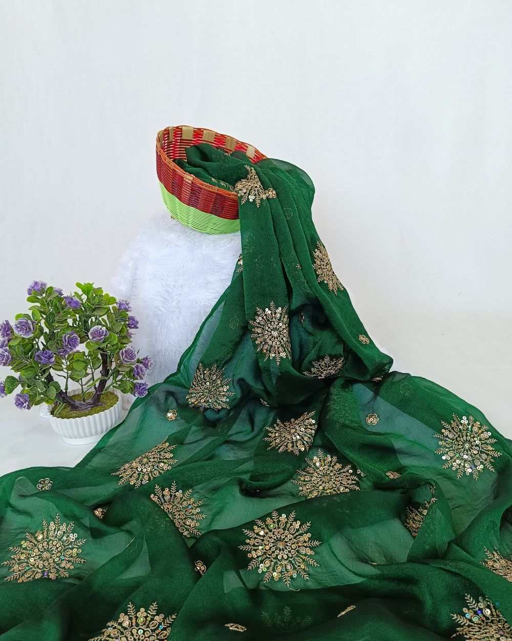 Premium Georgette Work Bottle Green Colour 48 Inches Width