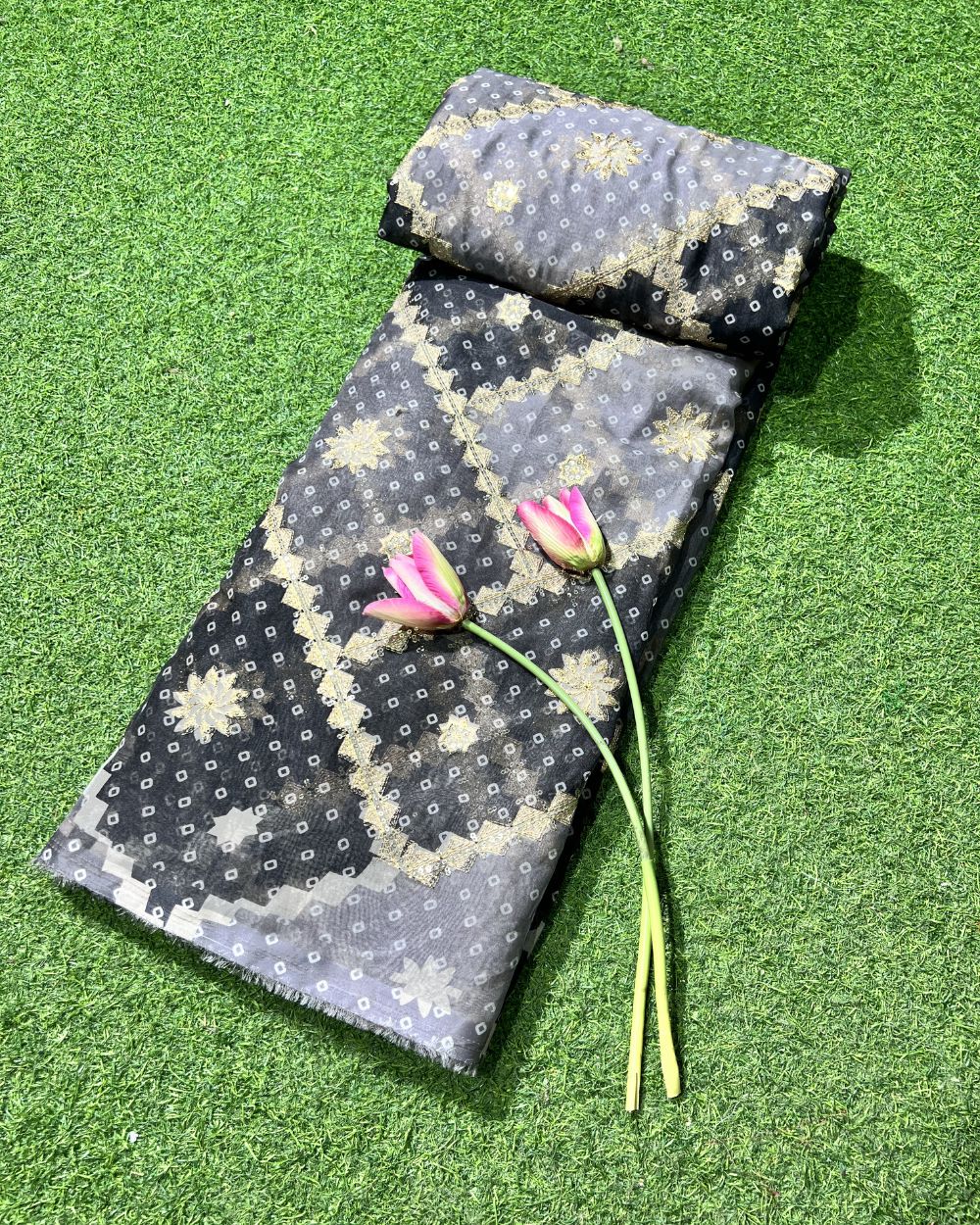 Position Print with Sequin Embroidery on Premium Organza Grey Colour 45 Inches Width