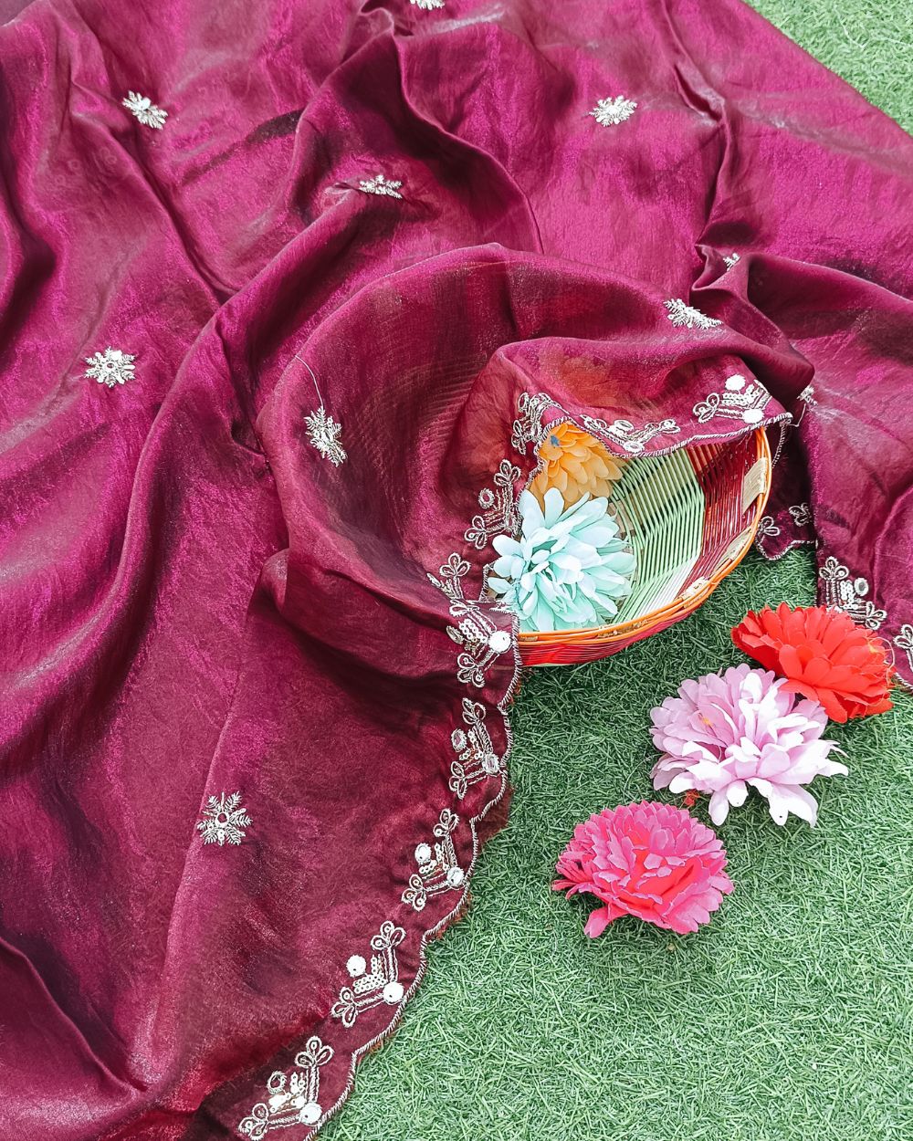 Space Silk with Cutwork Border Pinkish Wine Colour 38 Inches Width