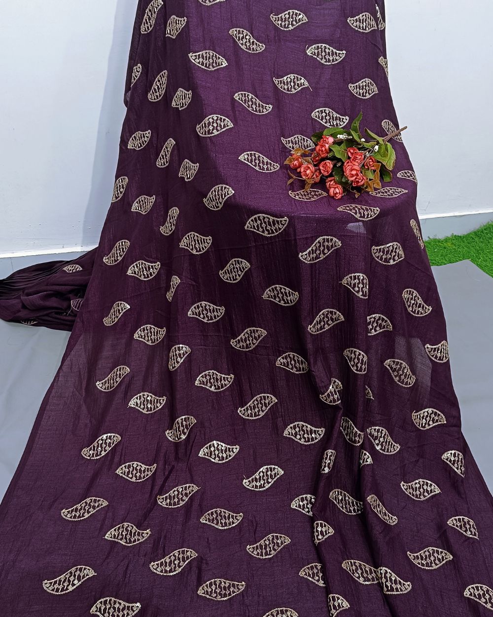 Vichitra Silk Work Wine Colour 42 Inches Width