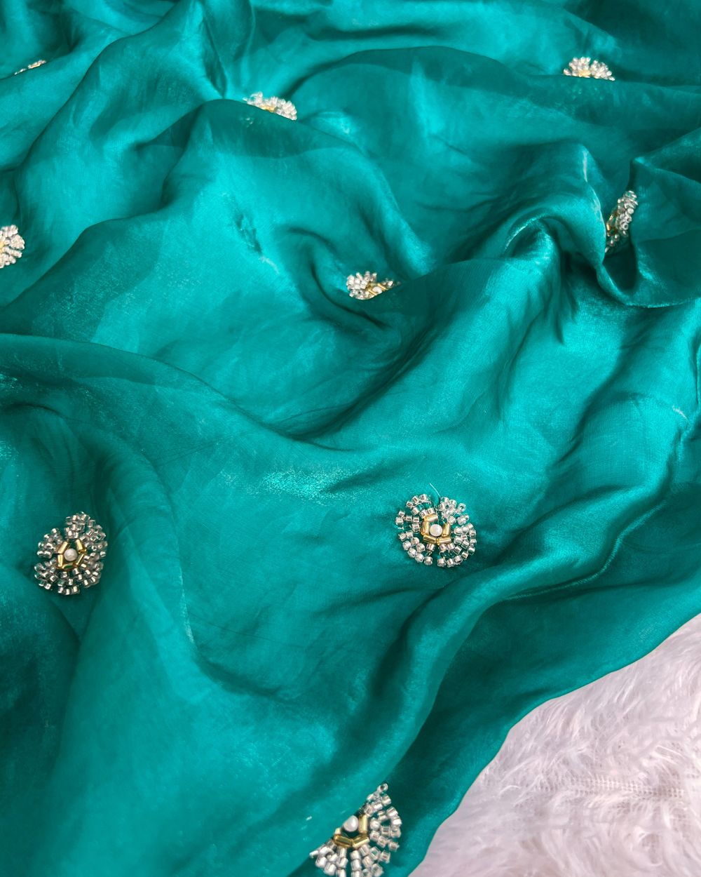Space Silk Work Peacock Green Colour 44 Inches Width