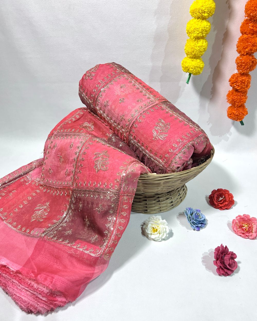 Position Print with Sequin Embroidery on Premium Organza Watermelon Pink Colour 44 Inches Width