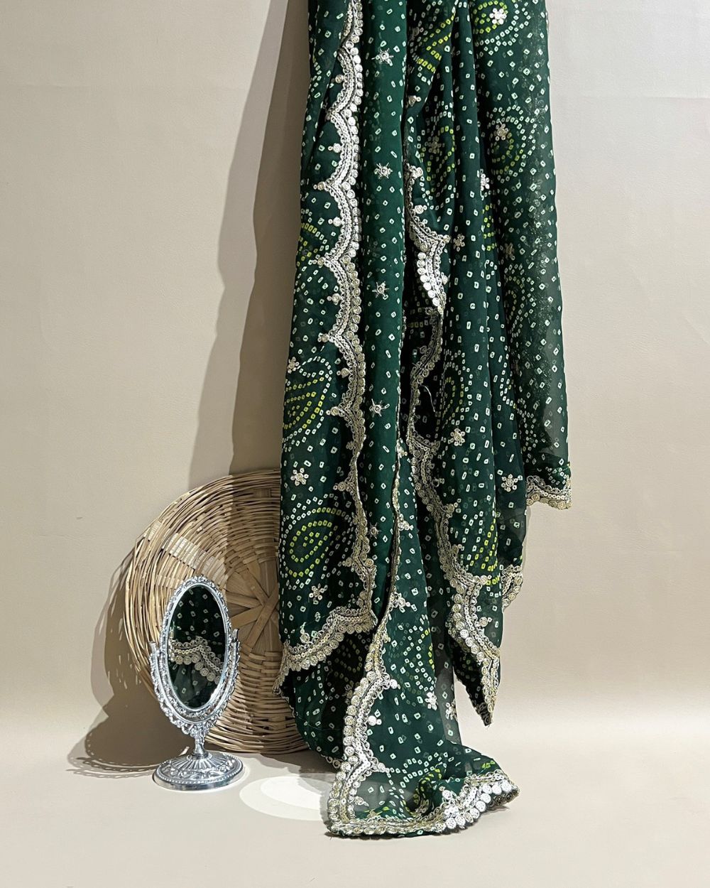 Georgette  Bandhani Dupatta with Cut Work Border Bottle Green Colour 37 Inches Width