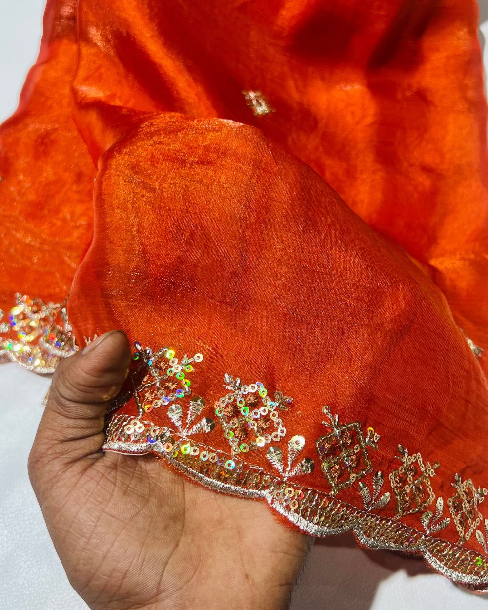 Space Silk Work Dupatta Fabric with Border Burnt Orange Colour 38 Inches Width