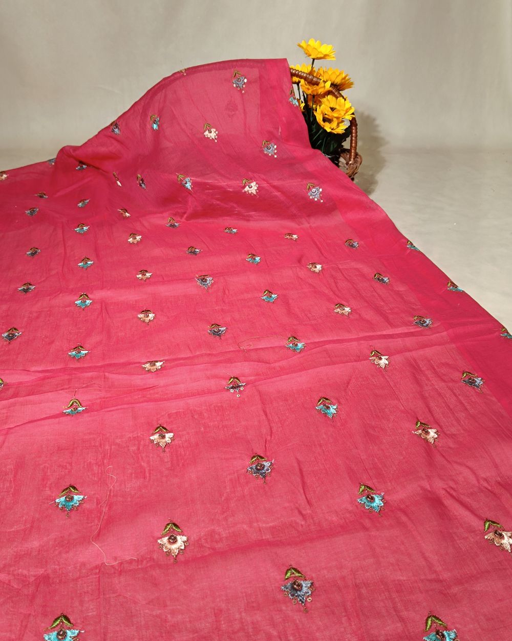 Mal Cotton with Thread Work Carrot Pink Colour 40 Inches Width