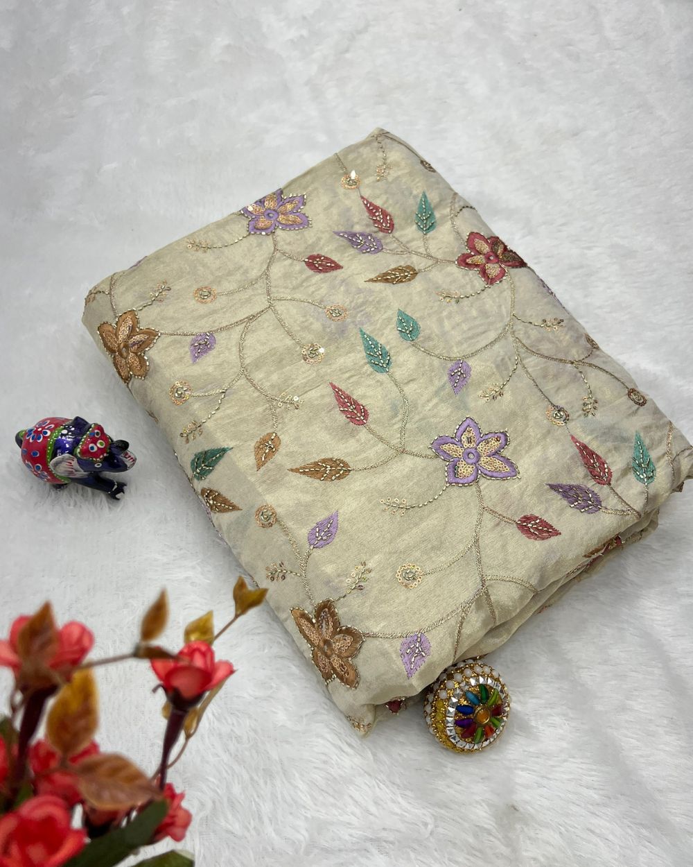 Cosmos Golden Colour fabric with Multicolor Floral Work 42 Inches Width