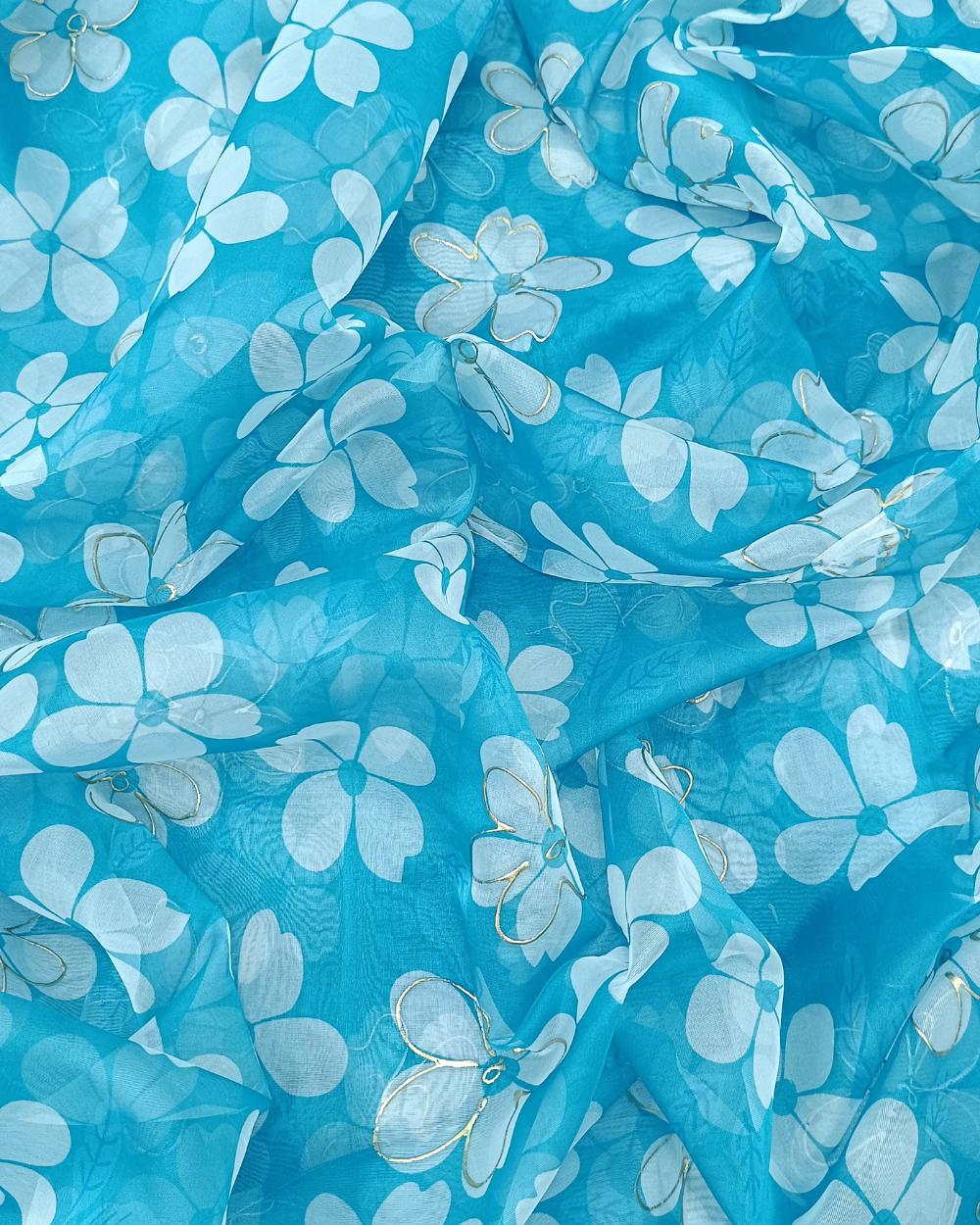 Premium Printed Organza Foil Sky Blue Colour 43 Inches Width