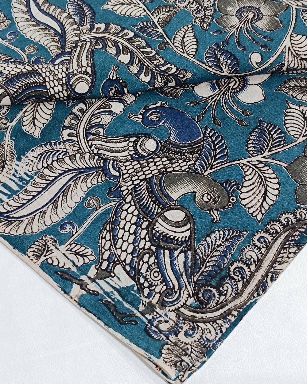 Hand Block Printed Cotton Kalamkari Blue Colour 44 Inches Width