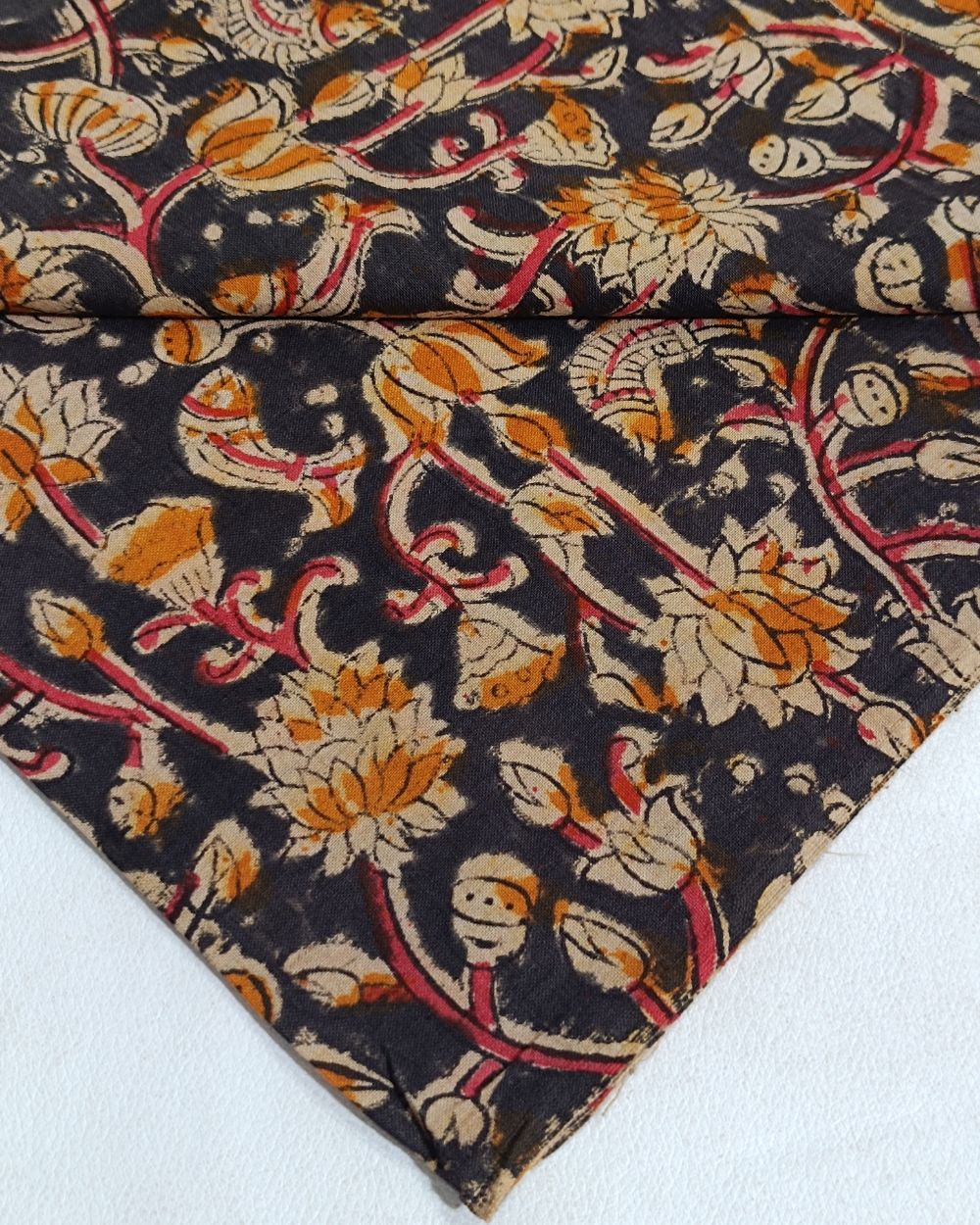 Hand Block Printed Cotton Kalamkari Black Colour 44 Inches Width