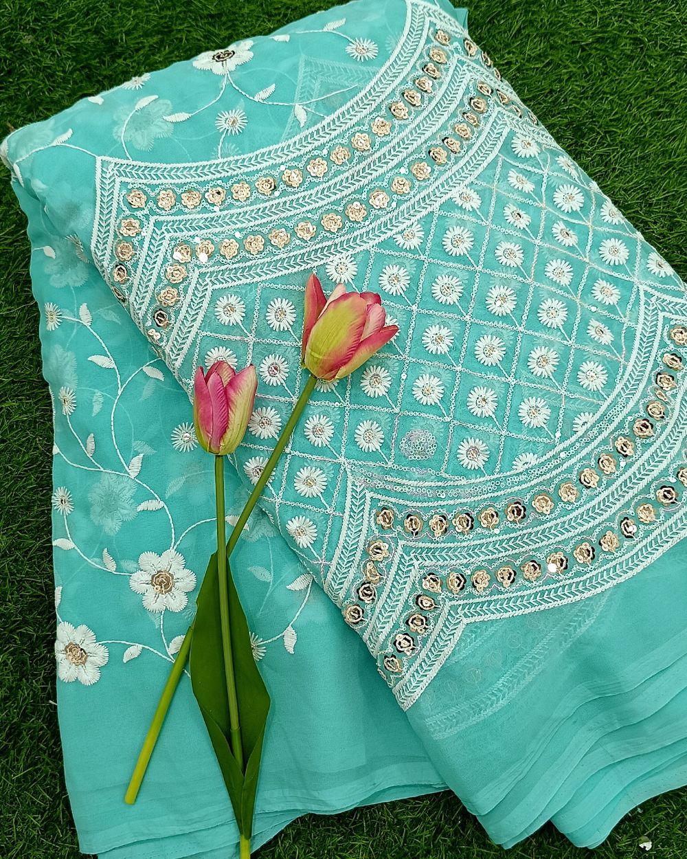 Georgette Work with Cutwork Panel Sky Blue Colour 43 Inches Width