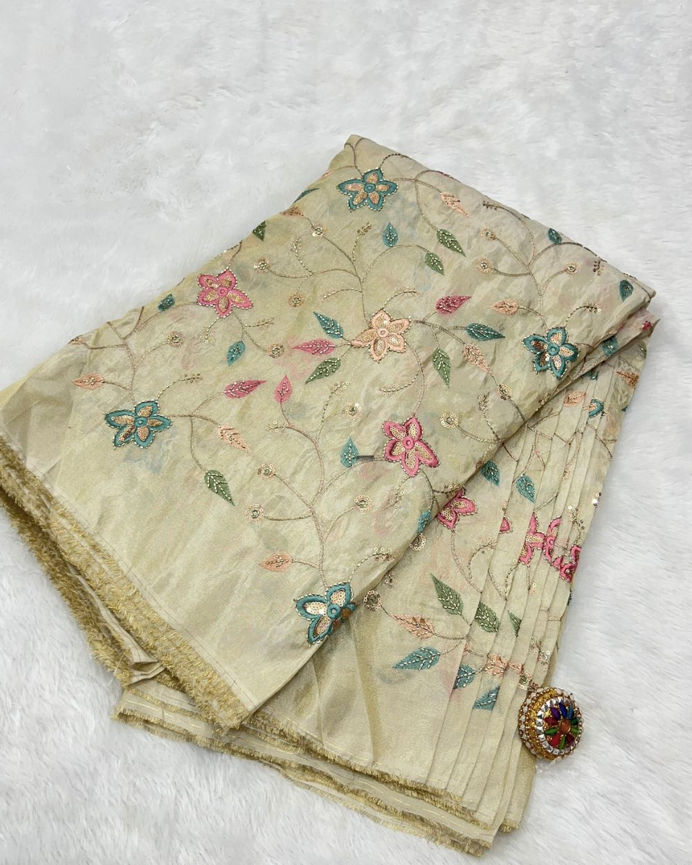 Cosmos Golden Colour fabric with Multicolor Floral Work 42 Inches Width