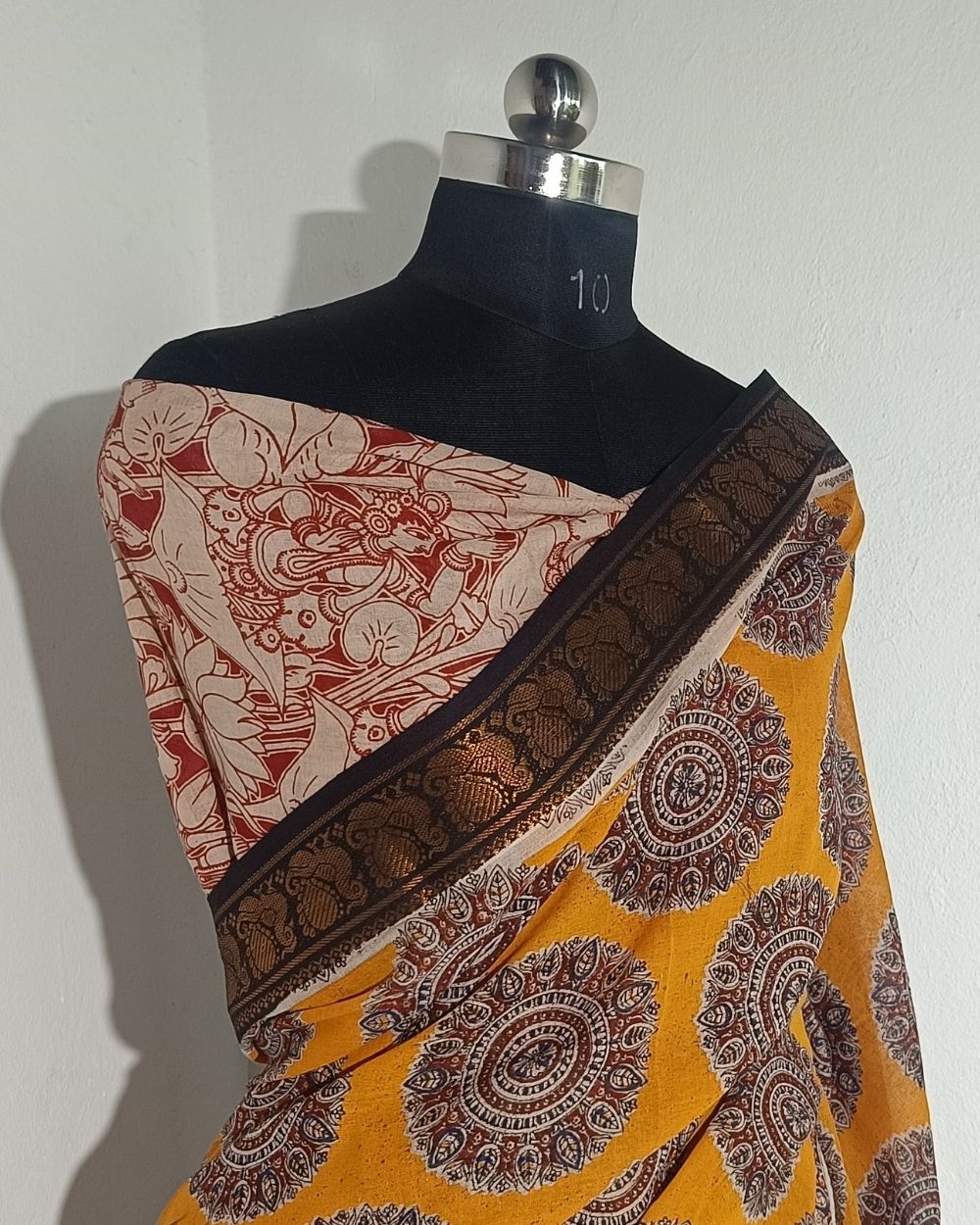 Hand Block Printed Cotton Kalamkari Saree with Blouse Piece Turmeric Yellow Colour 46 Inches Width