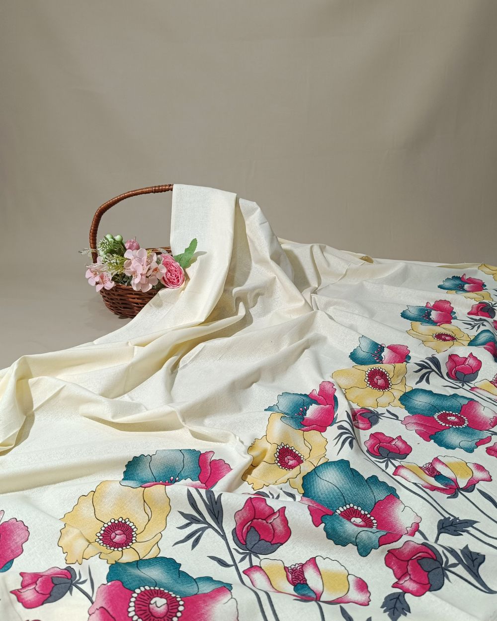 Printed Khadi Cotton with Border Milky White  Colour 42 Inches Width