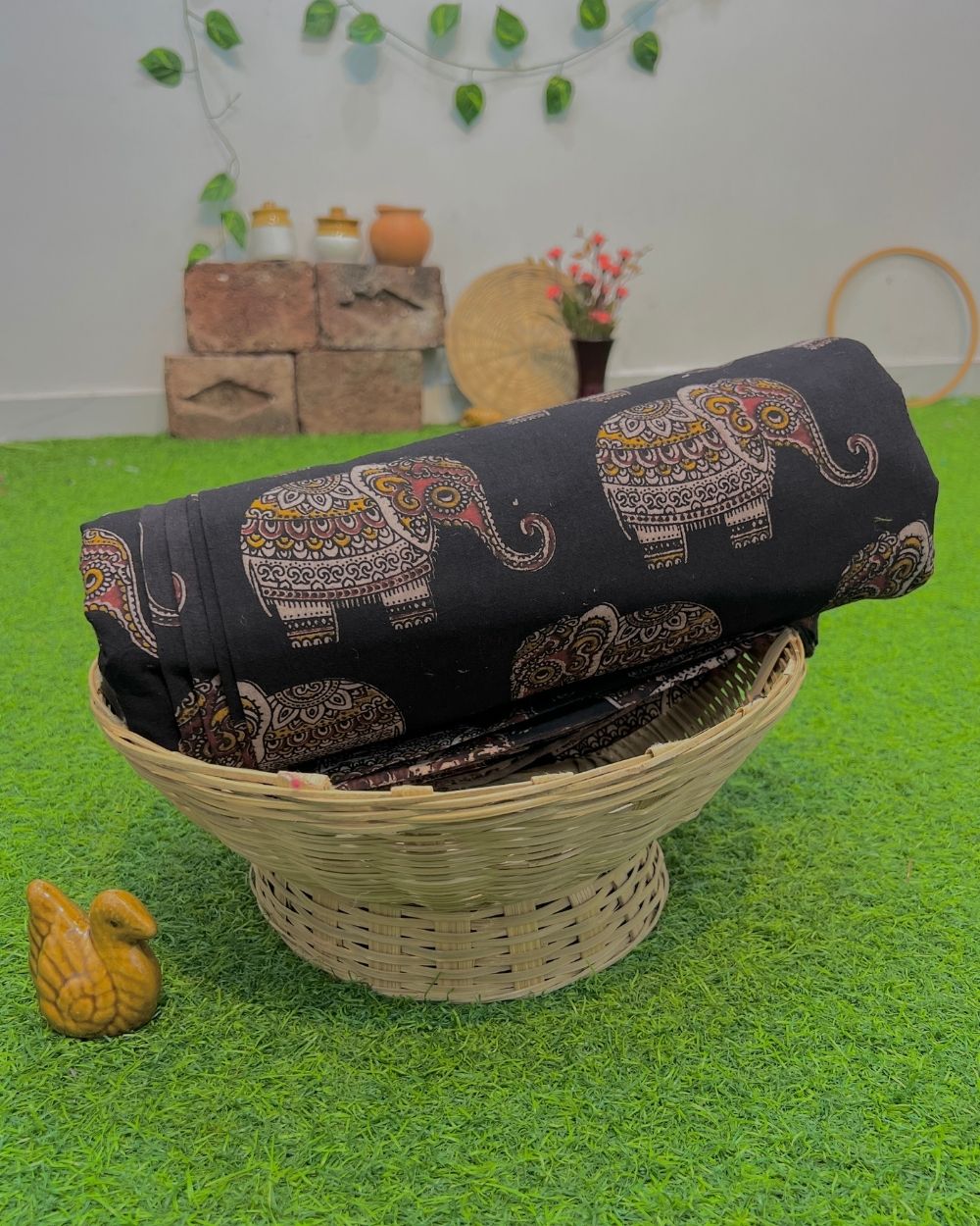 Hand Block Printed Cotton Kalamkari Black Colour 47 Inches Width