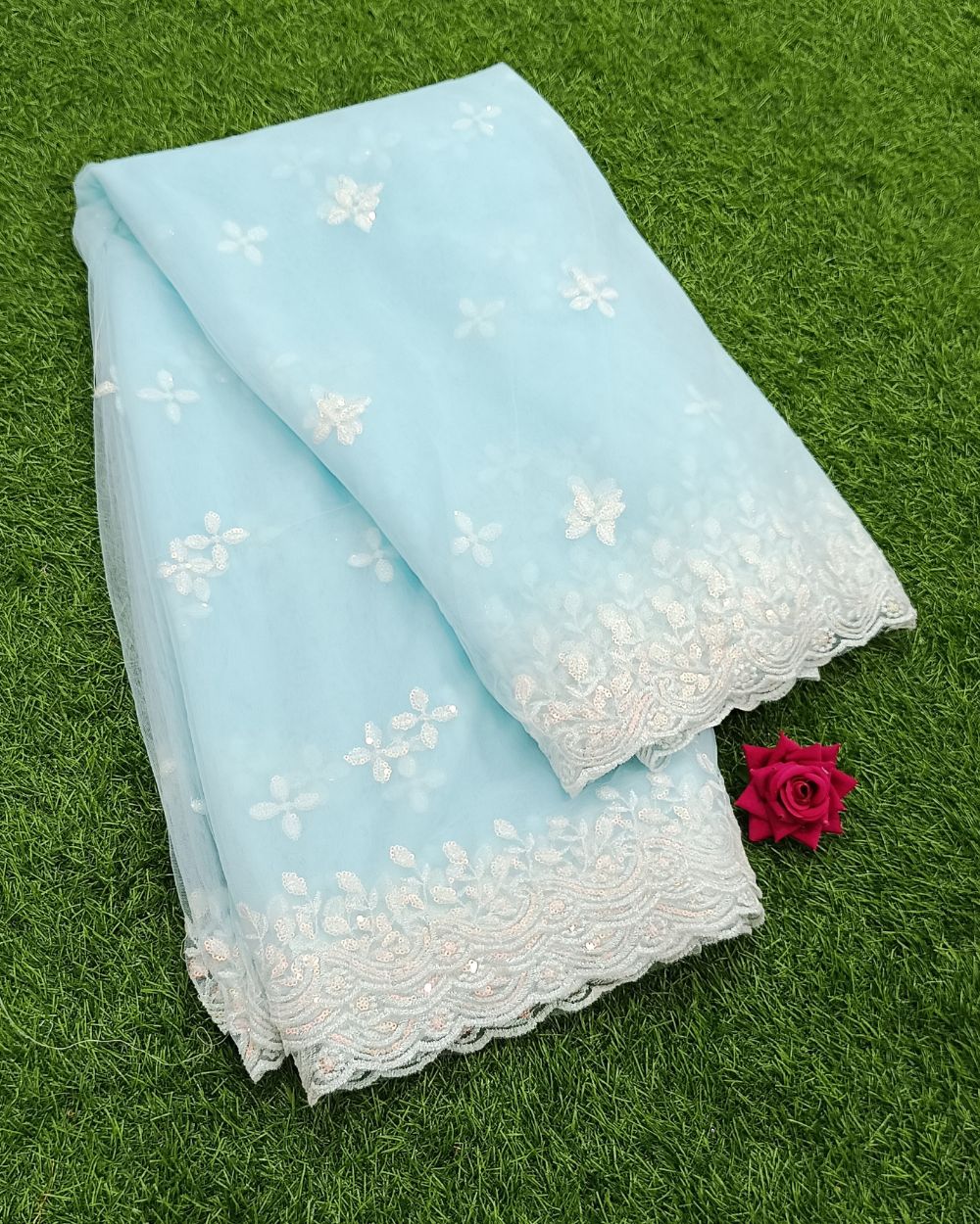 Net Work with Cutwork Border Sky Blue Colour 45 Inches Width