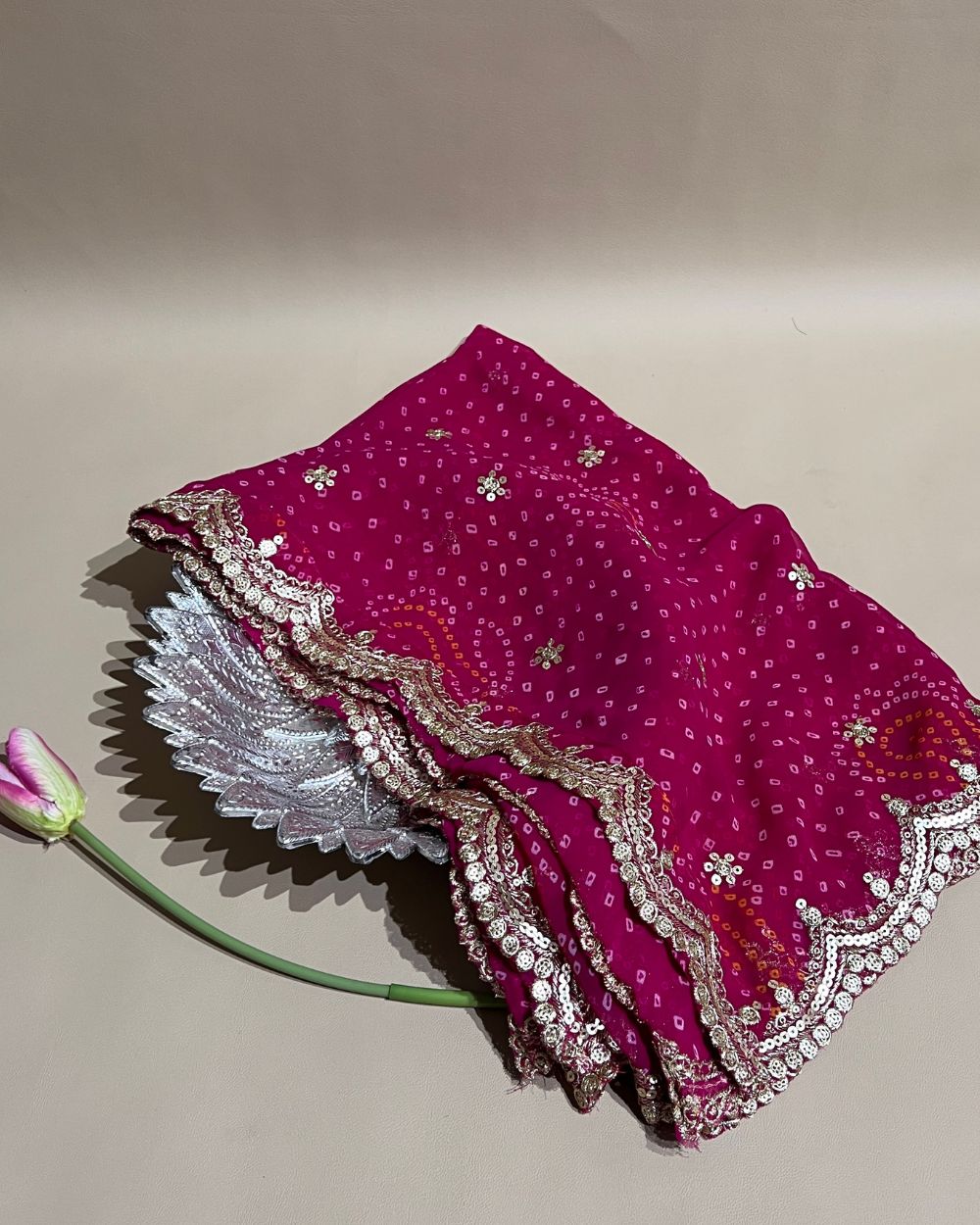 Georgette  Bandhani Dupatta with Cut Work Border Rani Pink Colour 37 Inches Width