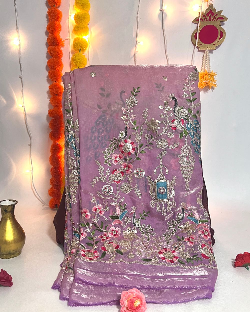 Shaded  Space Silk with Border Work Lavender Colour 46 Inches Width