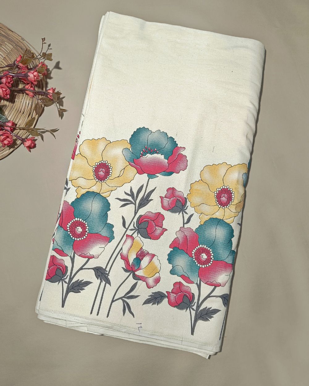 Printed Khadi Cotton with Border Milky White  Colour 42 Inches Width