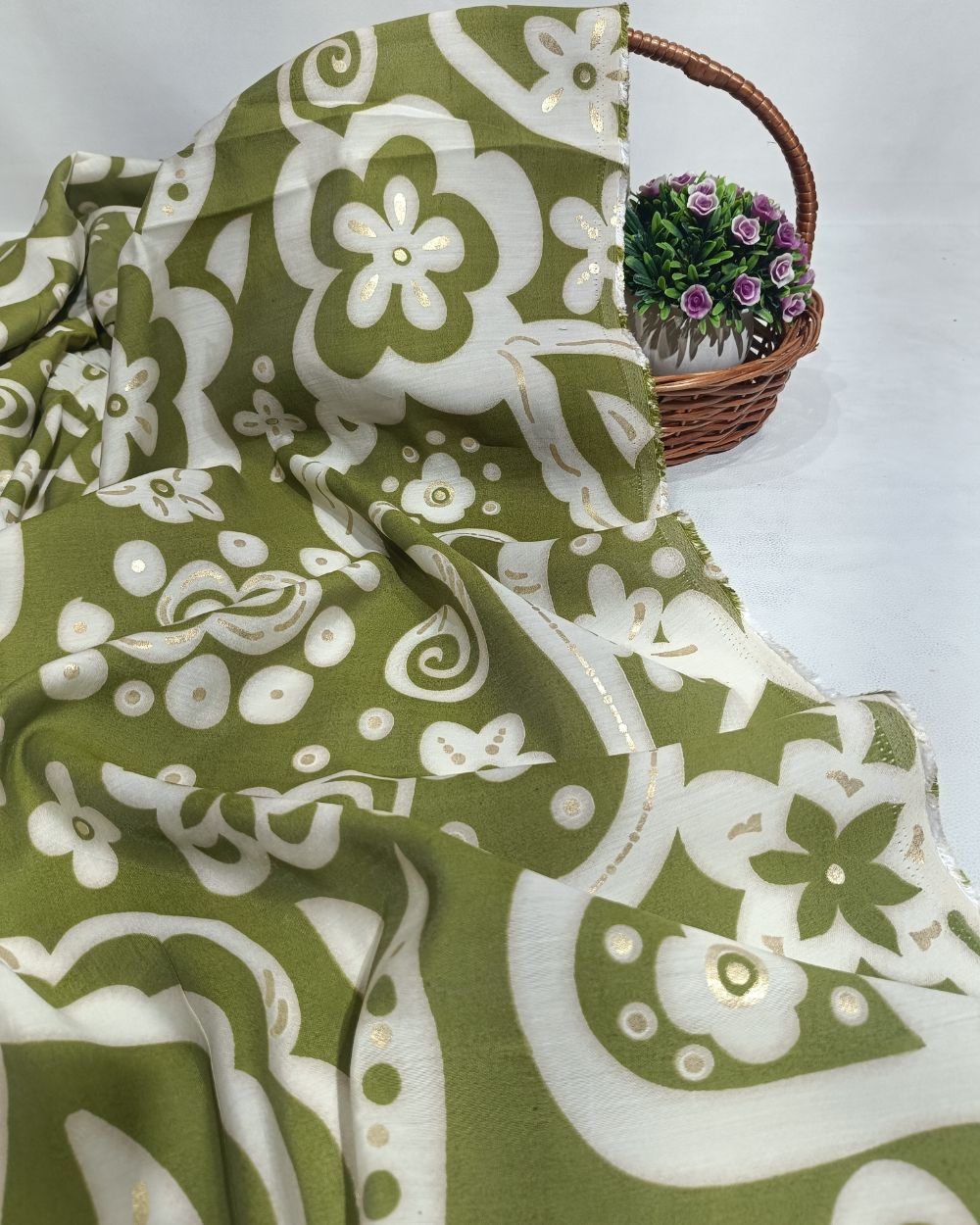 Printed Muslin (Foil) Light Olive Green Colour 43 Inches Width