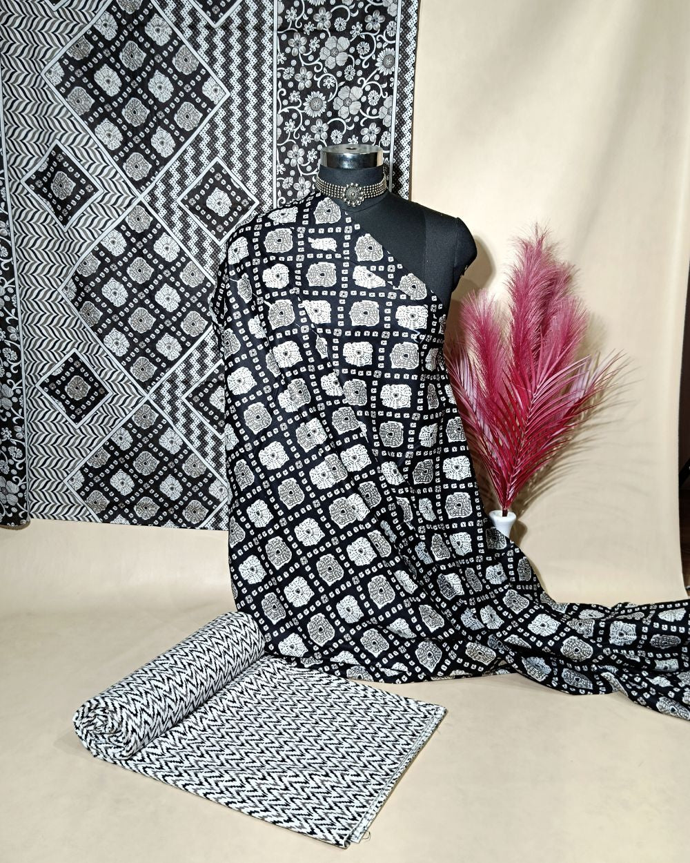 Printed Cotton Unstitched Top-Bottom Set with Dupatta Black Colour 44 Inches Width