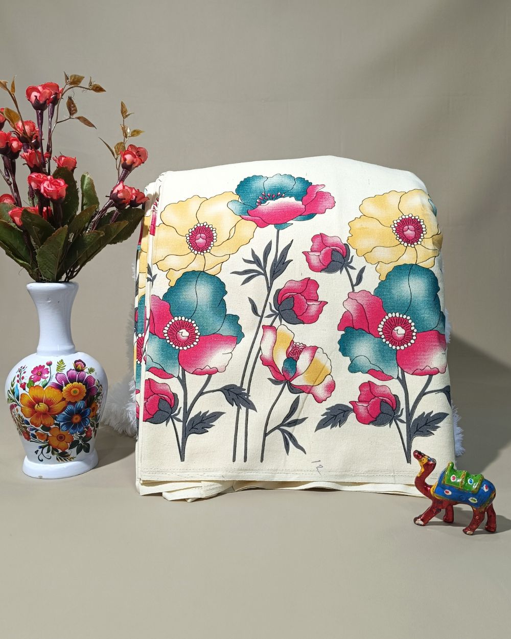 Printed Khadi Cotton with Border Milky White  Colour 42 Inches Width