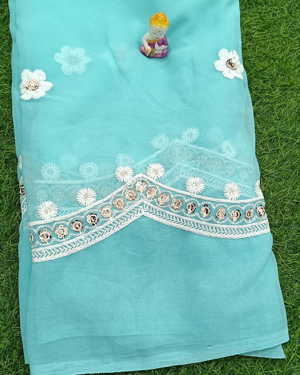 Cutwork Border Georgette Work Sky Blue Colour 43 Inches Width