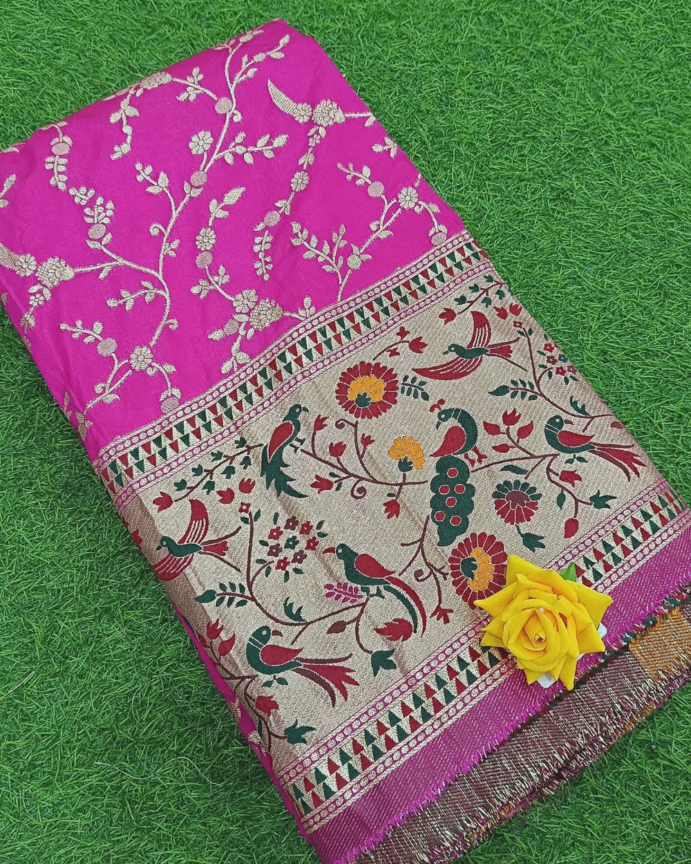 Chanderi Work with Paithani Border Rani Pink Colour 41 Inches Width