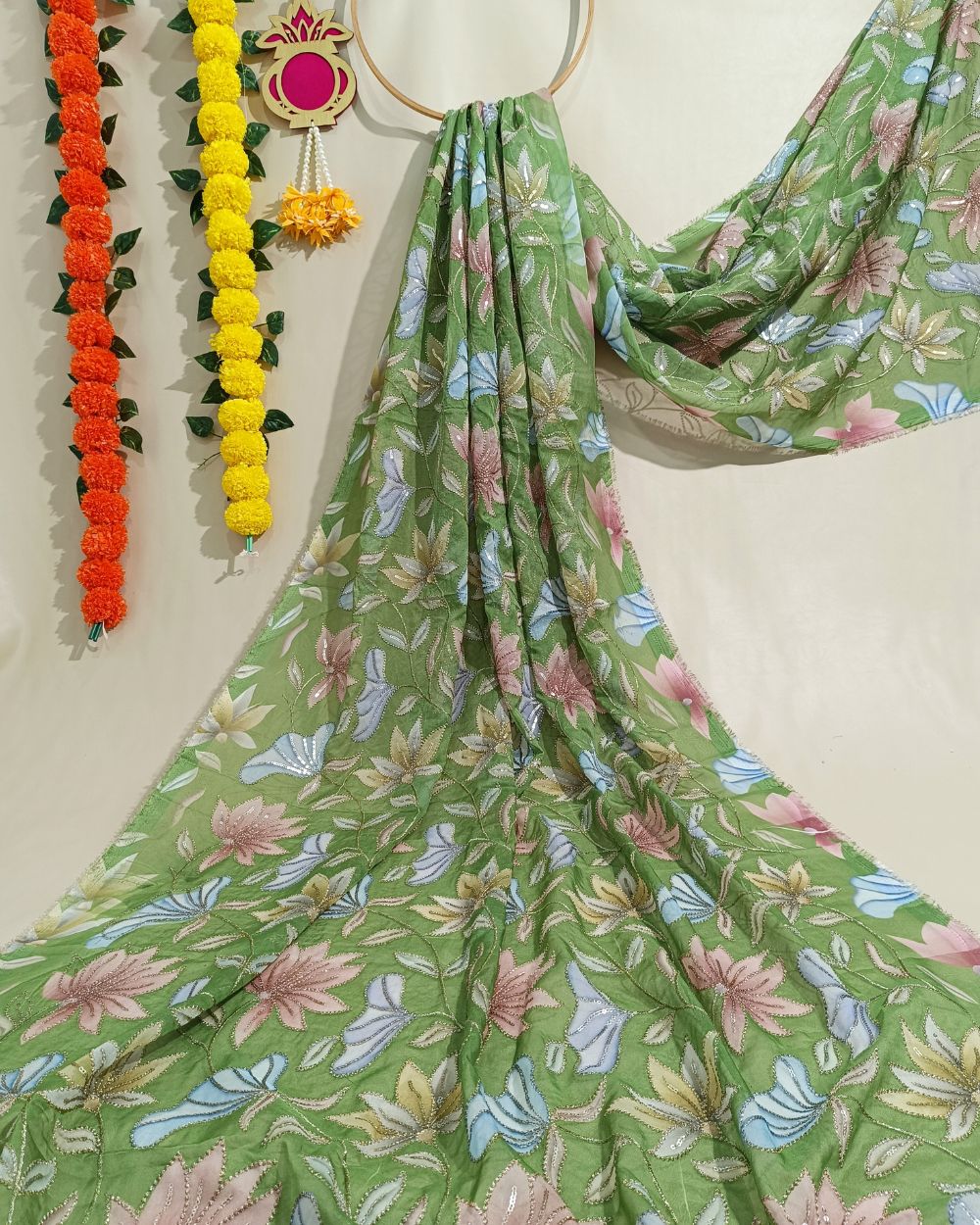 Premium Organza Work Lime Green Colour 44 Inches Width
