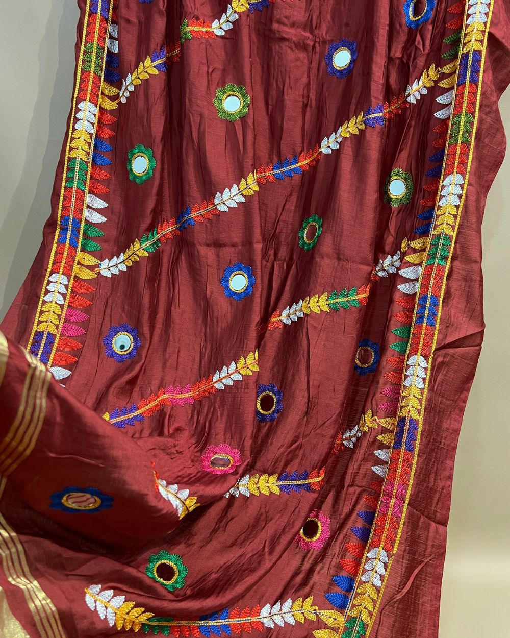 Abla Work Lagdi Patta Dupatta Art Silk Maroon Colour 40 Inches Width