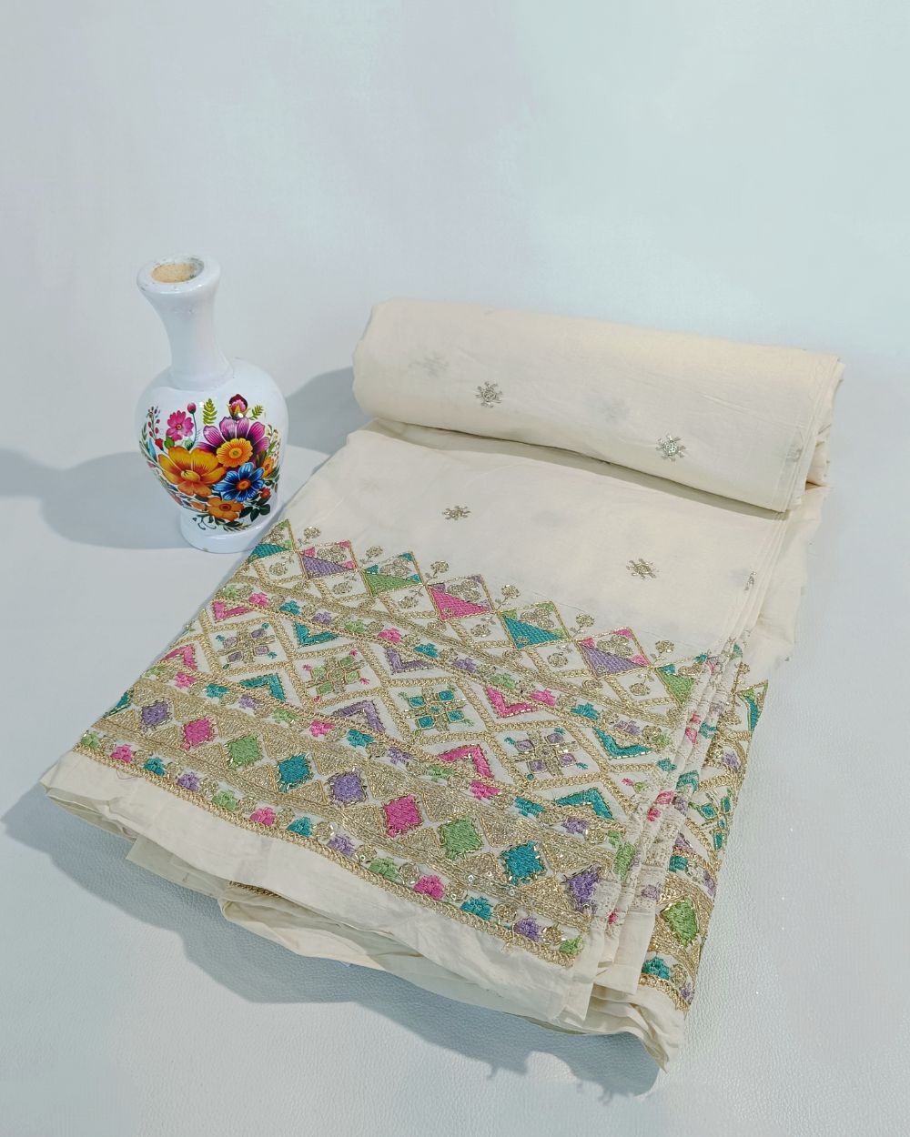 Kora Cotton Border Work Off White Colour 46 Inches Width