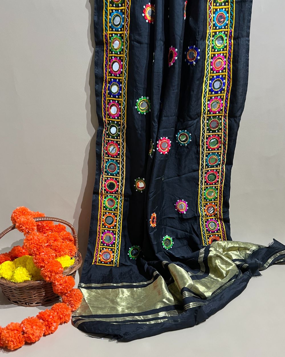 Abla Work Dupatta Cotton Silk Black Colour 42 Inches Width