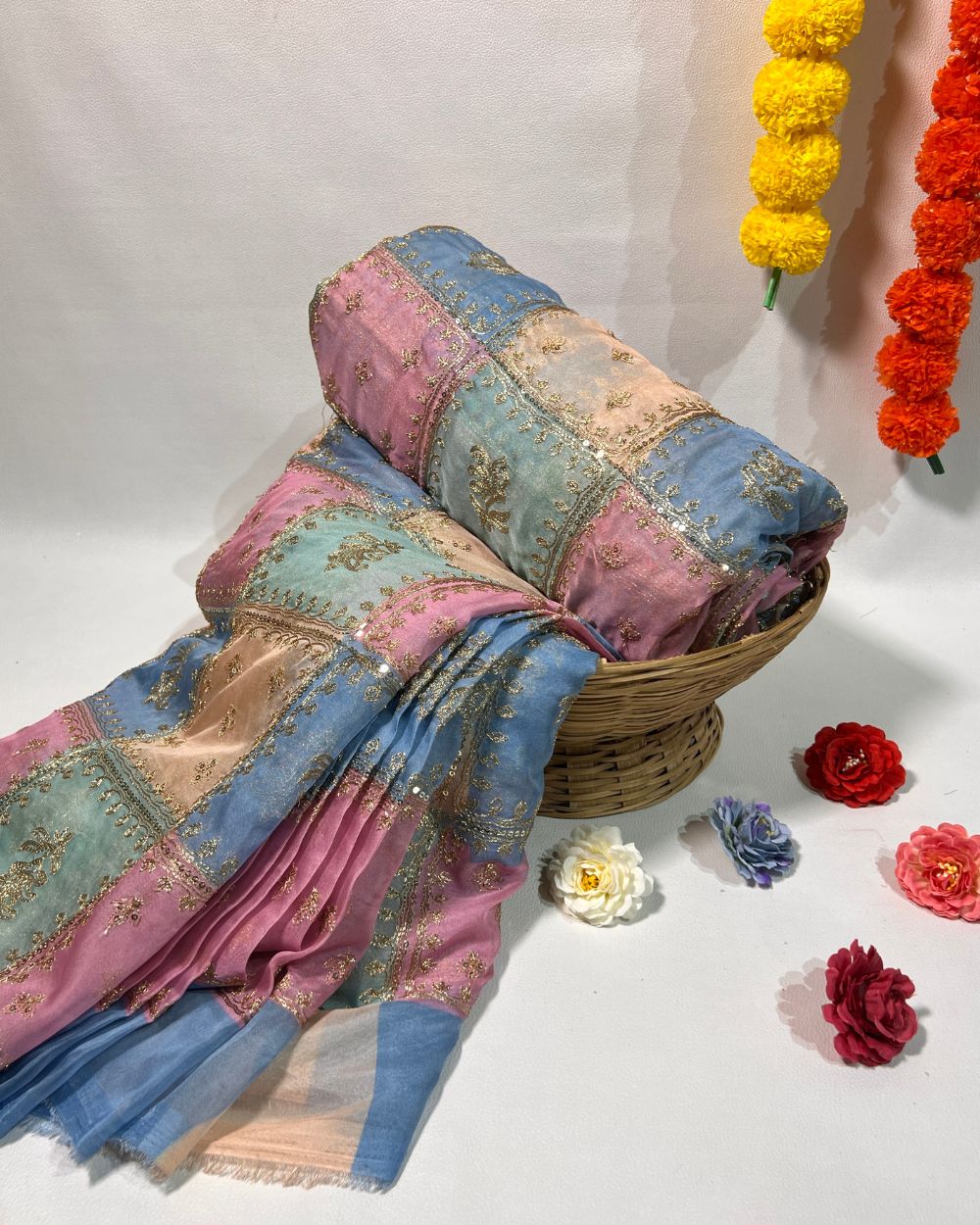Position Print with Sequin Embroidery on Premium Organza Multicolor 44 Inches Width