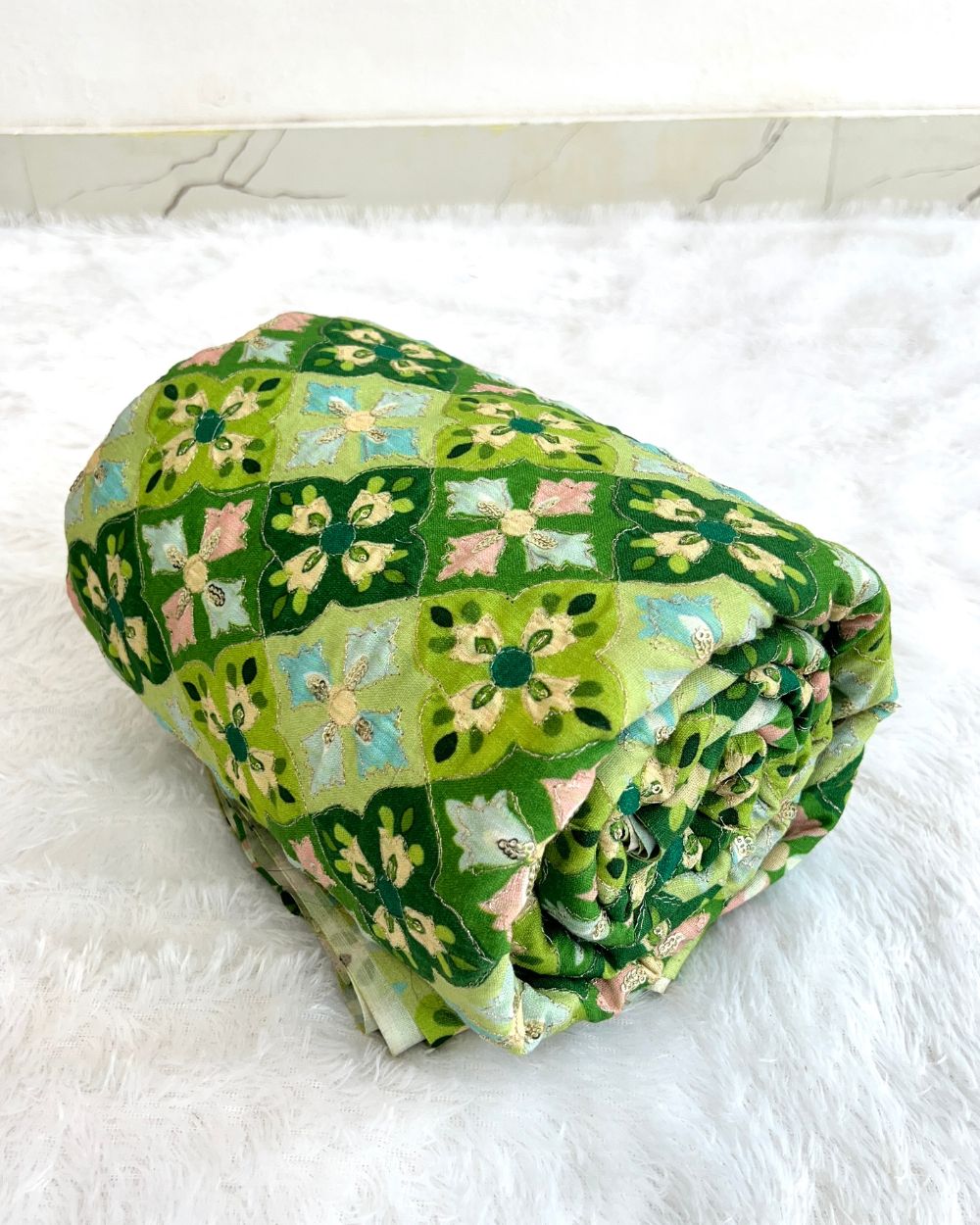 Mix Cotton Work Green Colour 40 Inches Width