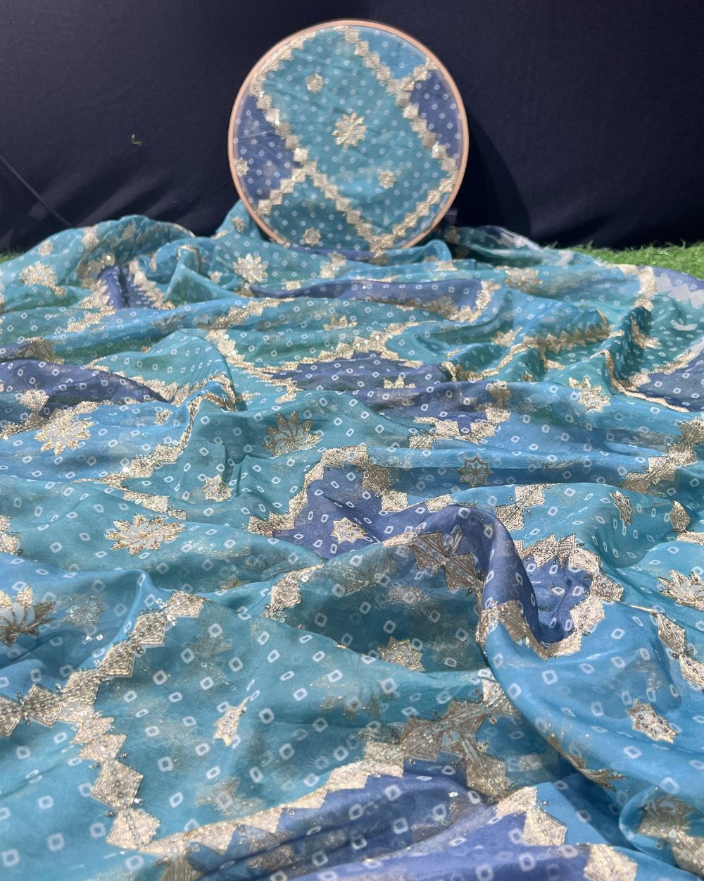 Position Print with Sequin Embroidery on Premium Organza Peacock Blue Colour 45 Inches Width