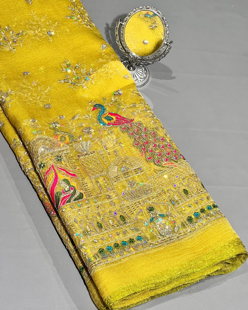 Premium Organza Crush Work Lemon Yellow Colour 42 Inches Width