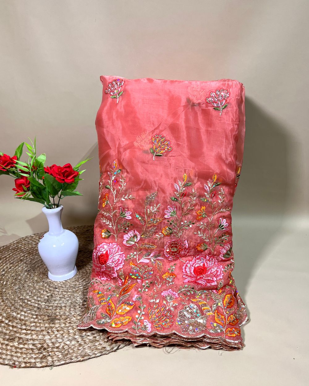 Premium Pure Soft Organza with Border Work Watermelon Pink Colour 42 Inches Width