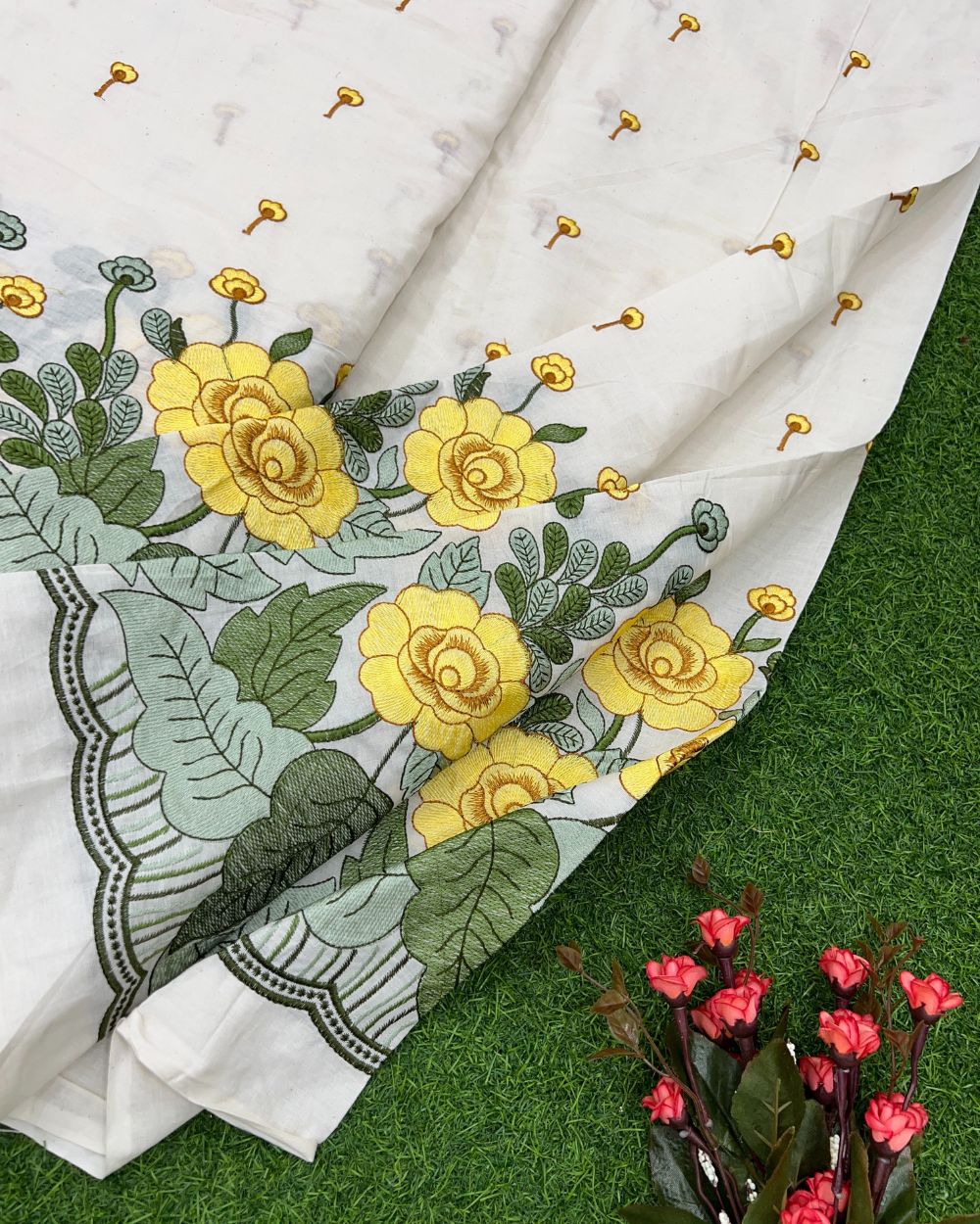 Kora Cotton Border Work Yellow Colour 45 Inches Width
