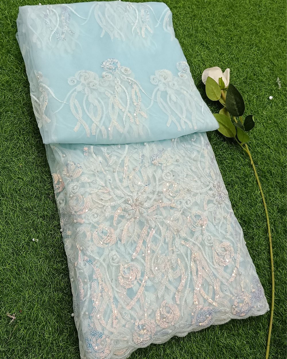 Moti Net Work with Panel Cutwork Border Sky Blue Colour 50 Inches Width