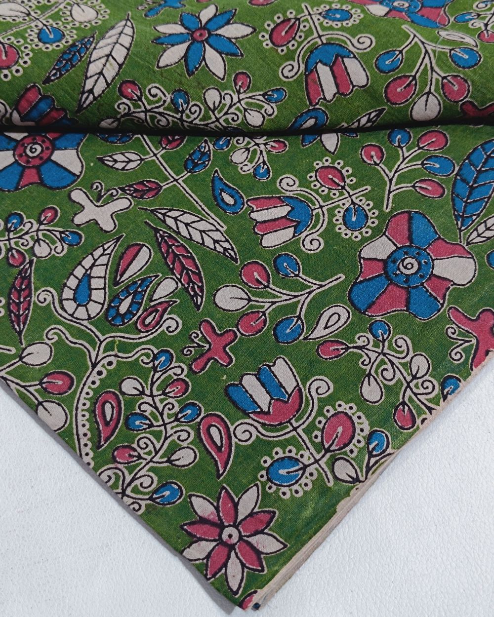 Hand Block Printed Cotton Kalamkari Green Colour 44 Inches Width