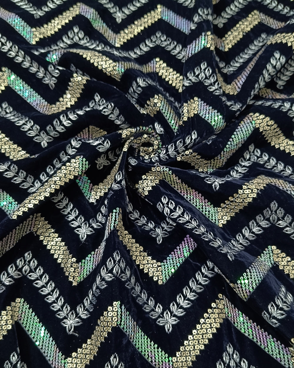 Velvet Zig-Zag Work Navy Blue Colour 43 Inches Width