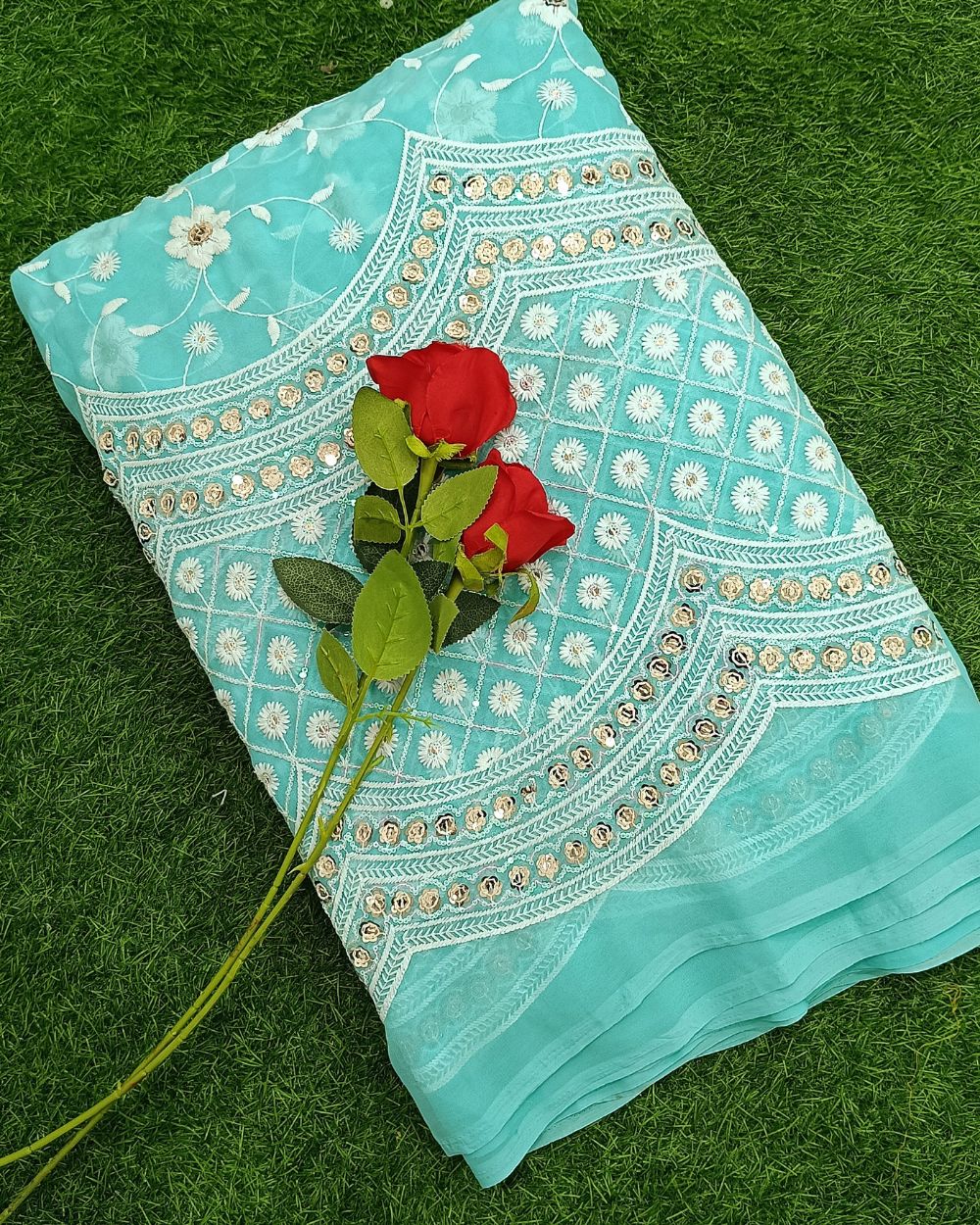 Georgette Work with Cutwork Panel Sky Blue Colour 43 Inches Width