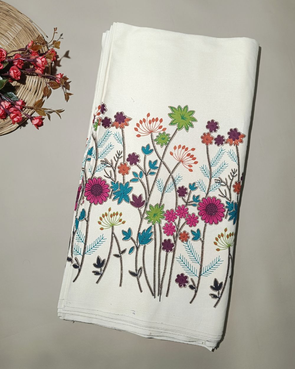 Printed Khadi Cotton with Border Milky White  Colour 42 Inches Width
