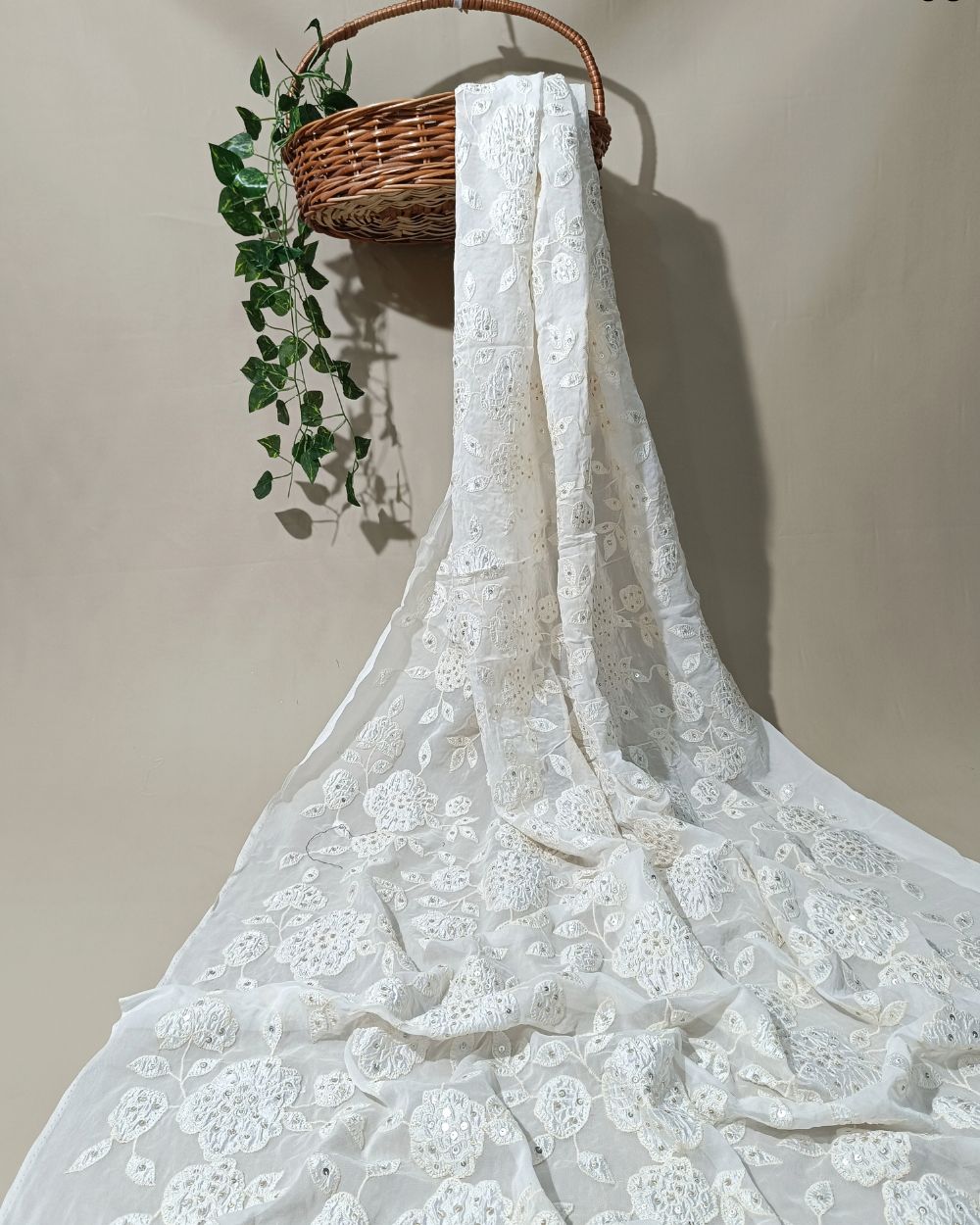 Dyeable Lucknowi Work Viscose Georgette White Colour 44 inches width