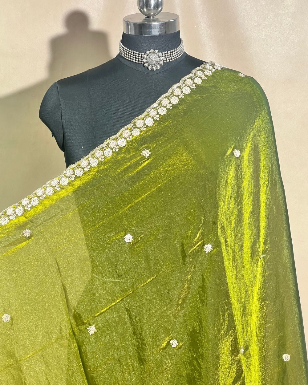 Space Silk Work Dupatta Fabric with Border Mehandi Green 38 Inches Width