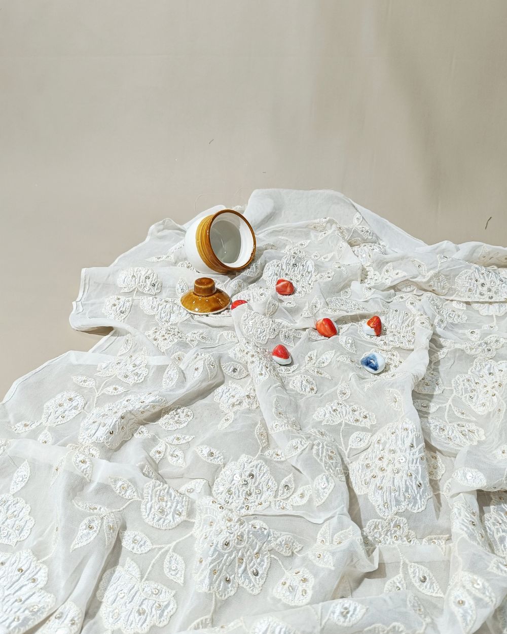 Dyeable Lucknowi Work Viscose Georgette White Colour 44 inches width