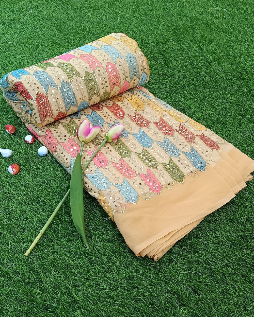 Georgette Work Pastel Orange Colour 44 Inches Width